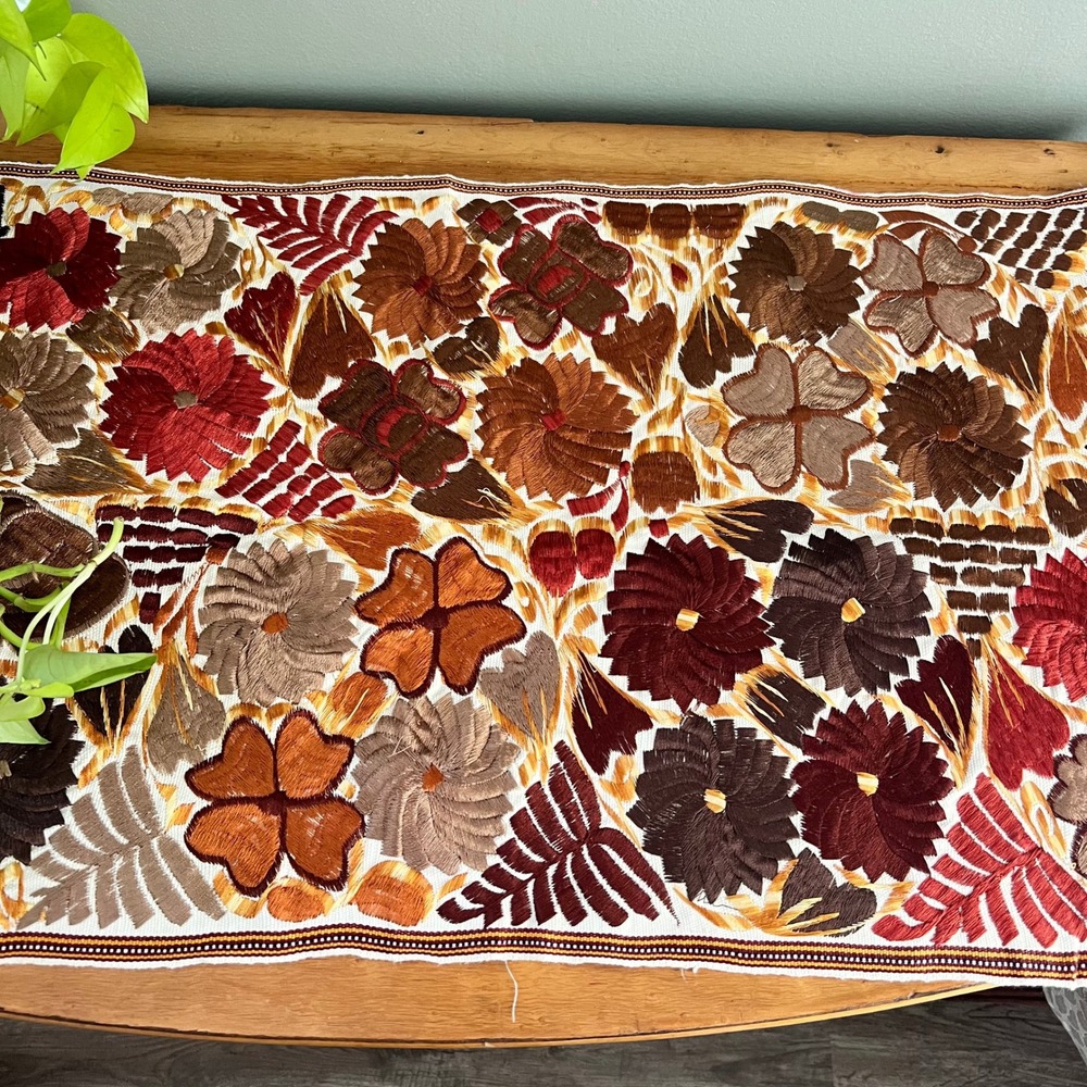 Vintage Mexican Folk Art Embroidered Table Runner Floral Earth Tones 49x18